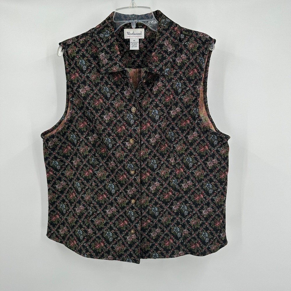 Women Vintage Cottagecore Tapestry Vest Size XL Floral Romantic Dark Shabby Chic